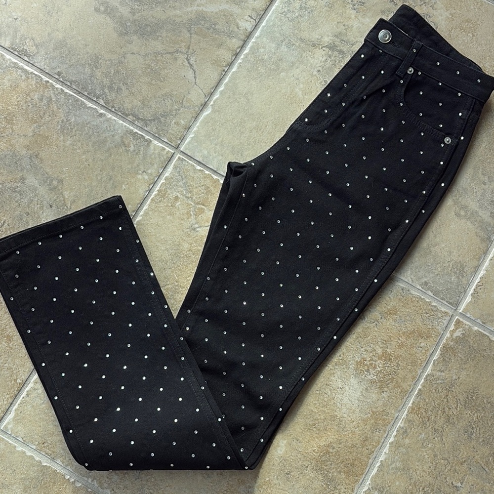 Gianni Bini $119 Black Ivy Rhinestone Straight Leg High Waisted Denim Jeans 27 - Picture 3 of 15